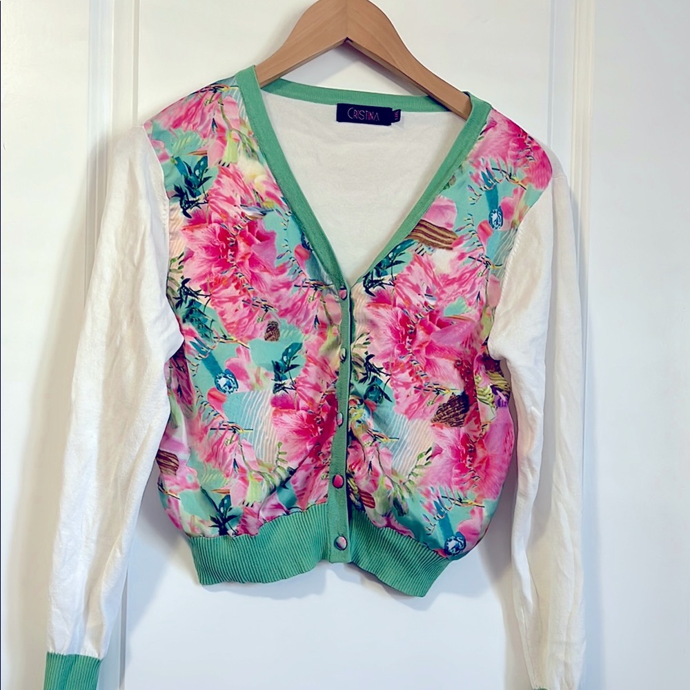 Cristina Floral Cardigan with Green Trim